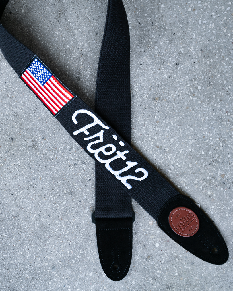 FRET12 OLD GLORY FLAG BLACK GUITAR STRAP – SCRIPT LOGO