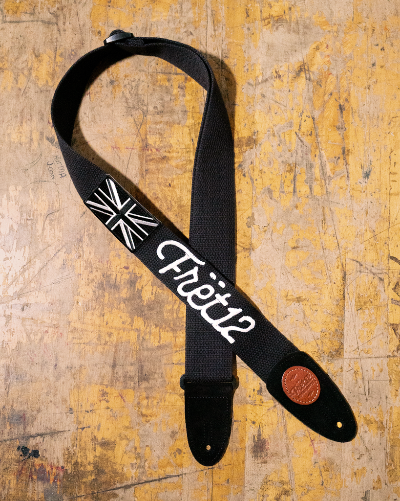 FRET12 MONOCHROME BRITISH FLAG GUITAR STRAP - SCRIPT LOGO