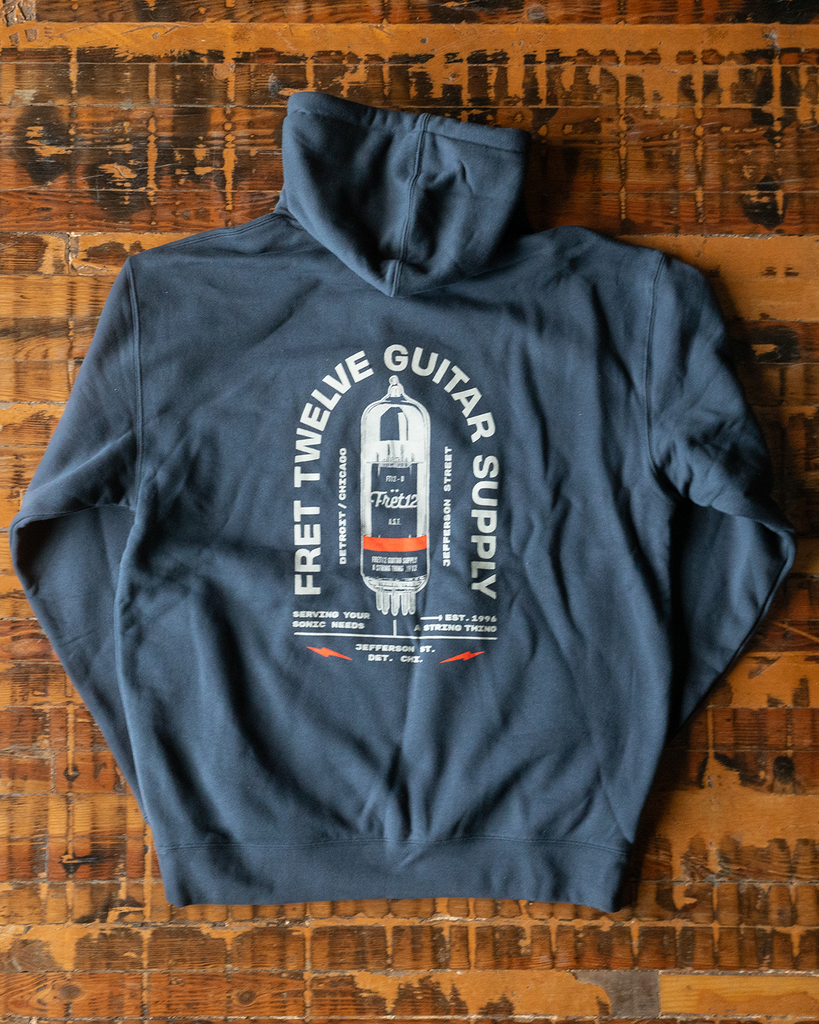 Heavy weight hoodie featuring a tube amp bulb on the back with a type lockup. Perfect for analog amp tone lovers.